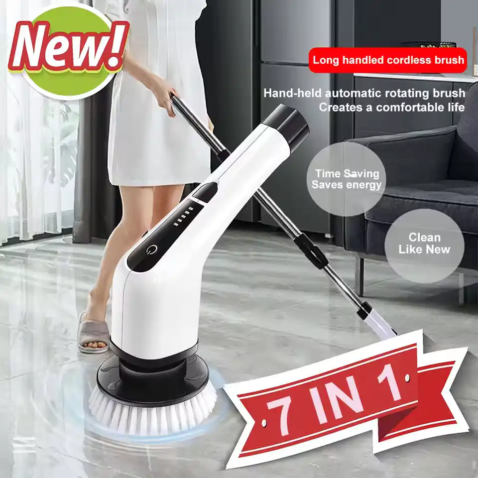 9 In 1 Cordless Tub and Tile Scrubber Multipurpose Window Cleaner with 8 Replacement Brush Heads Rotatable